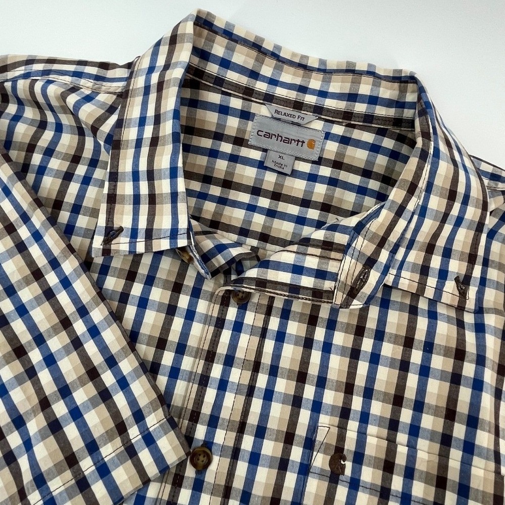 Carhartt Button Down Shirt Mens XL Blue Tan Plaid Relaxed Fit Short Sleeve